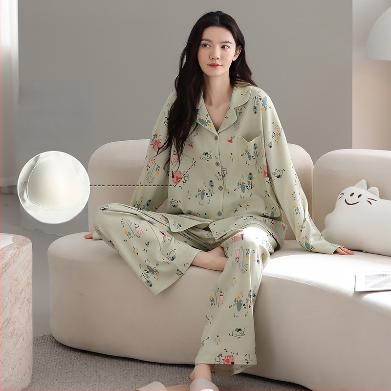 100% pamut pizsama szett melltámasz betéttel, hosszú ujjú, reveres gallérral, nadrággal, lélegző és kényelmes otthoni viselet