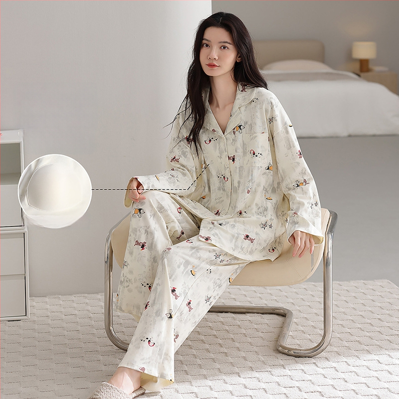 100% pamut pizsama szett melltámasz betéttel, hosszú ujjú, reveres gallérral, nadrággal, lélegző és kényelmes otthoni viselet
