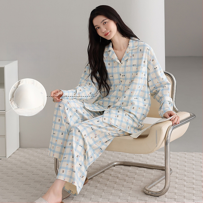 100% pamut pizsama szett melltámasz betéttel, hosszú ujjú, reveres gallérral, nadrággal, lélegző és kényelmes otthoni viselet