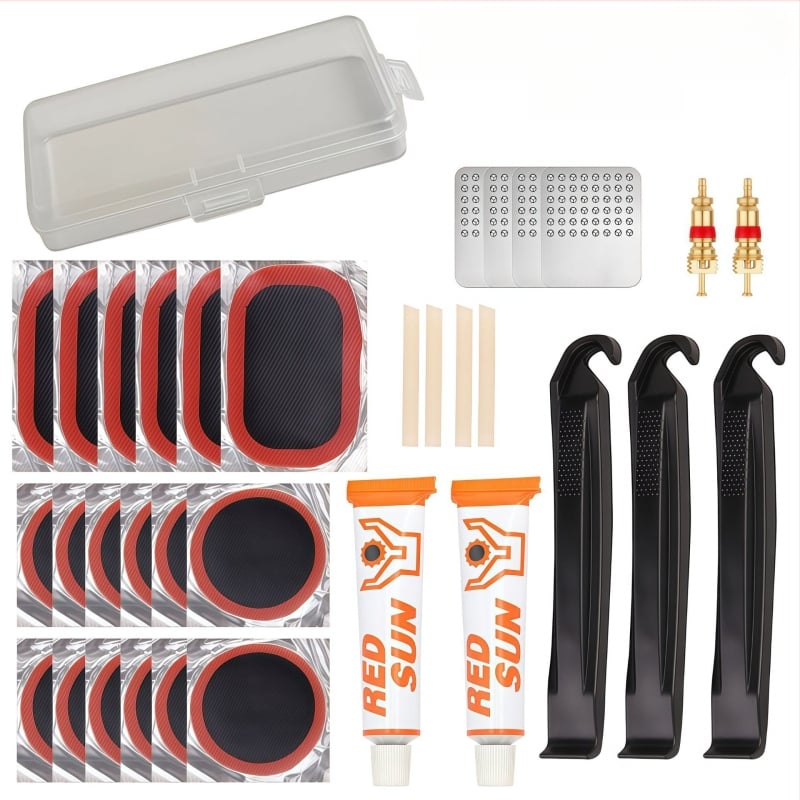 Kalnu velosipēdu riepu remonta komplekts bez līmes — plāksteri un instrumenti plastmasas kastē