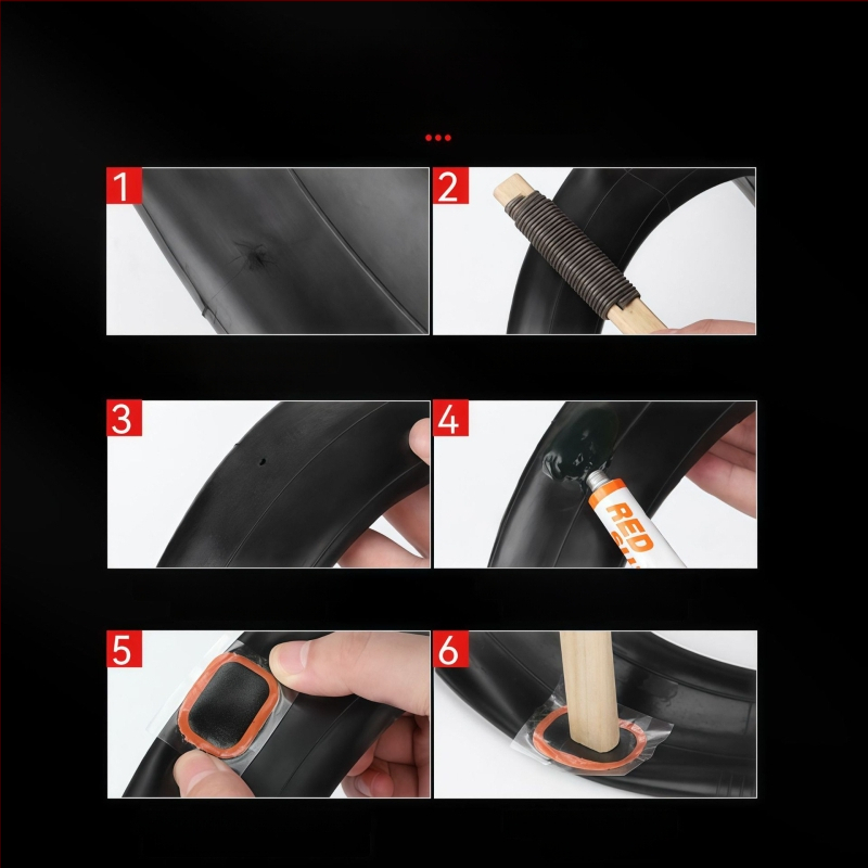 Kalnu velosipēdu riepu remonta komplekts bez līmes — plāksteri un instrumenti plastmasas kastē