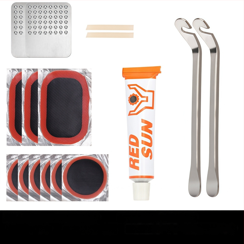 Kalnu velosipēdu riepu remonta komplekts bez līmes — plāksteri un instrumenti plastmasas kastē