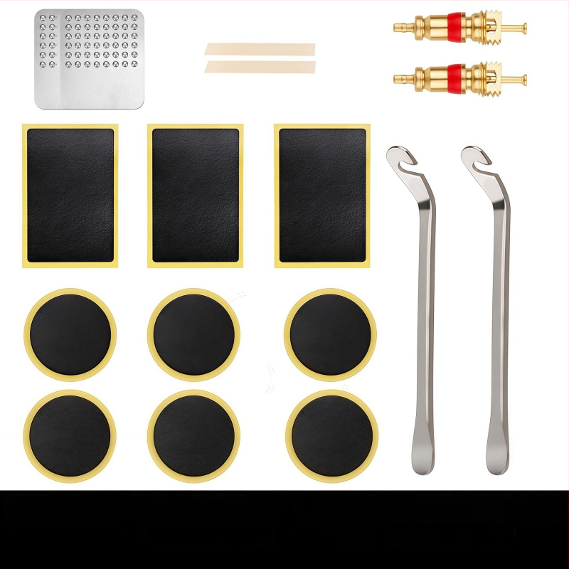 Kalnu velosipēdu riepu remonta komplekts bez līmes — plāksteri un instrumenti plastmasas kastē