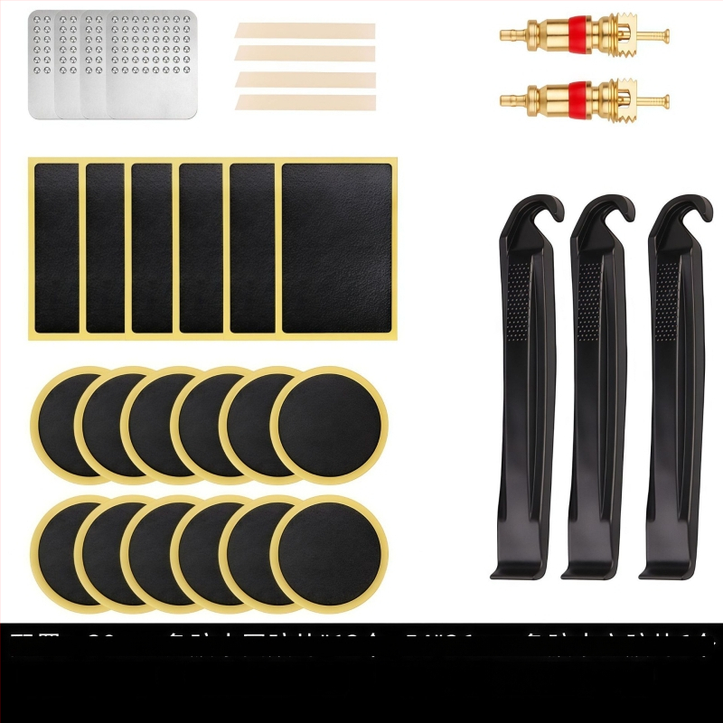 Kalnu velosipēdu riepu remonta komplekts bez līmes — plāksteri un instrumenti plastmasas kastē