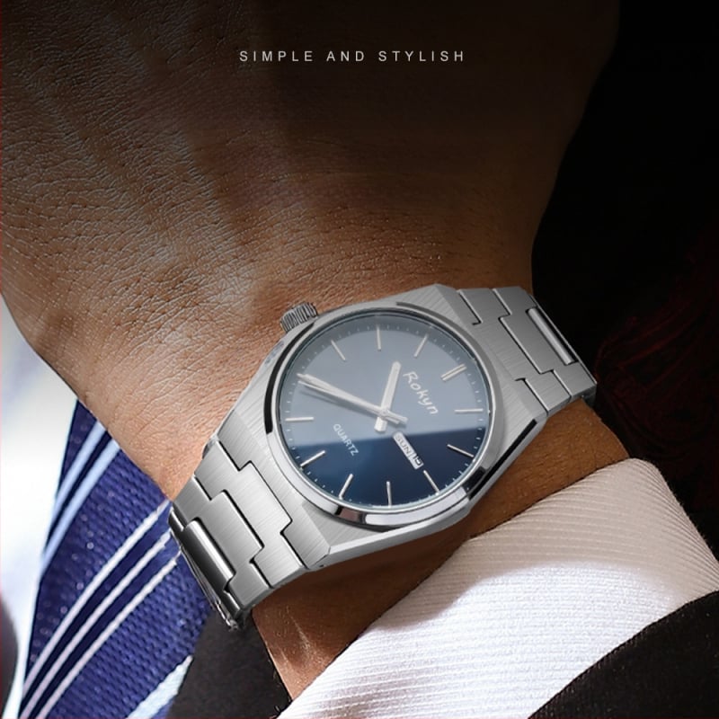 Īpaši plāni luksusa vīriešu pulkstenis, kvarca kustība, 30 m ūdensizturība, dubults kalendārs ar nedēļas dienas rādītāju, korpuss un siksna no nerūsējoša tērauda