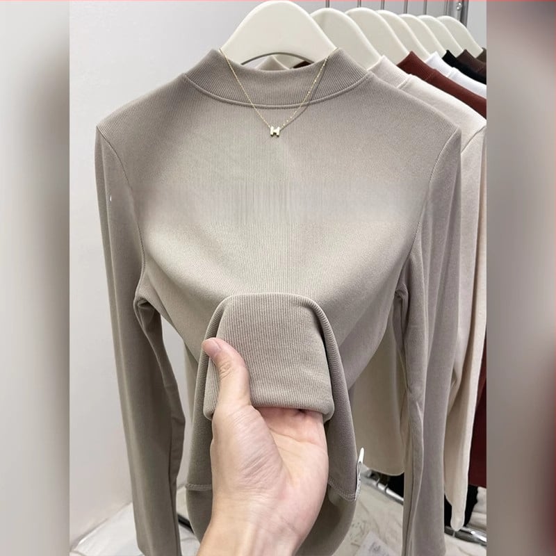 Modalinis pagrindinis topas su puse aukšto kaklo, ilgomis rankovėmis, laisvas kirpimas, žiema 2025