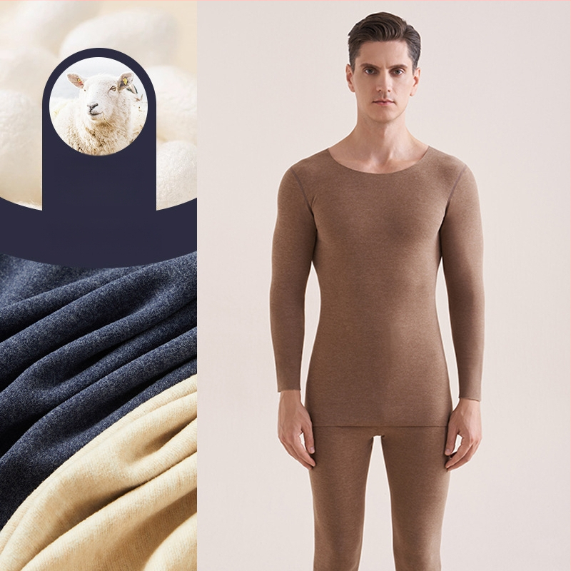 Muški vuneni termalni set za jesen/zimu – osnovni sloj gornji i donji dio, okrugli ovratnik, dugi rukav, debljina 251–300 g/m²