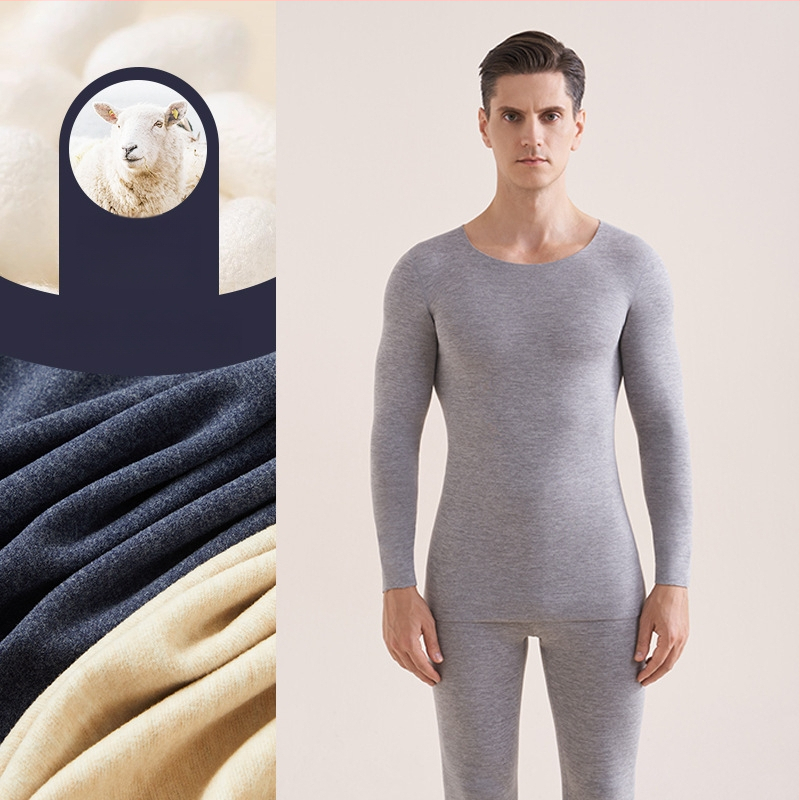 Muški vuneni termalni set za jesen/zimu – osnovni sloj gornji i donji dio, okrugli ovratnik, dugi rukav, debljina 251–300 g/m²