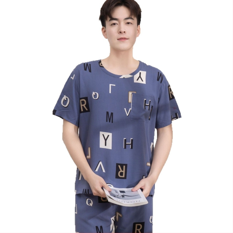 Vyrų pižamų komplektas iš medvilnės-silko, apvalios kaklo, 3/4 rankovės, šortai, lengvi namų drabužiai vasarai 2025