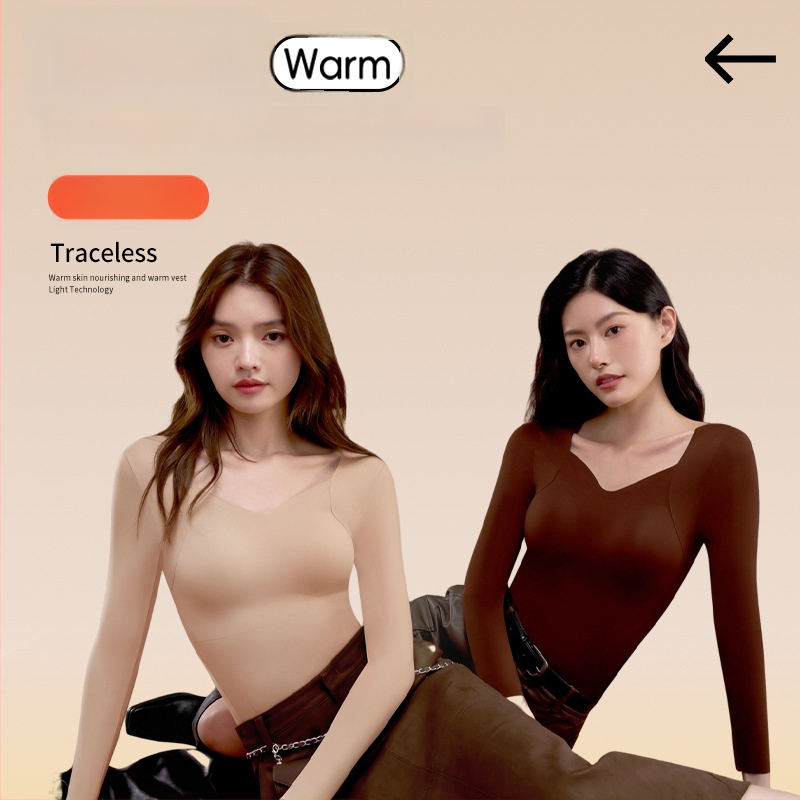 Moterų nailono terminis pagrindinis viršus su V kaklu, ilgomis rankovėmis, vienos spalvos, išlaiko šilumą