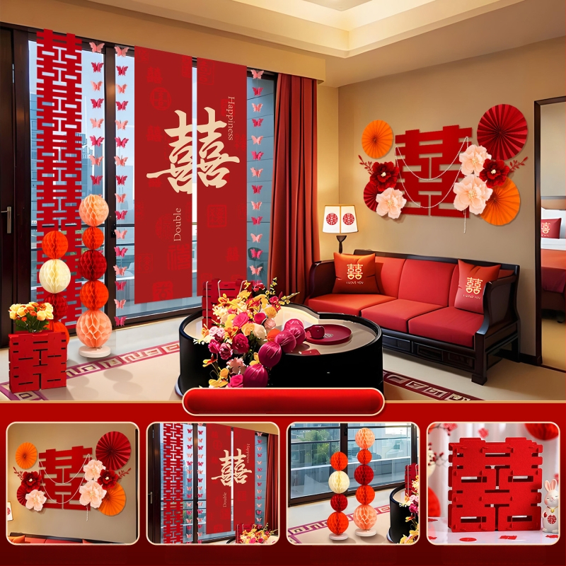 Feixunfei Vestuvės vietos dekoravimo rinkinys — popierinė fono sienos dekoras su kaspėlėmis ir gėlėmis