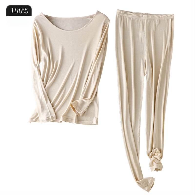 Ženski set od Mulberry svile: top s okruglim izrezom i 3/4 rukavima te hlače, ultra-tanki materijal 81–100 g/m², topao