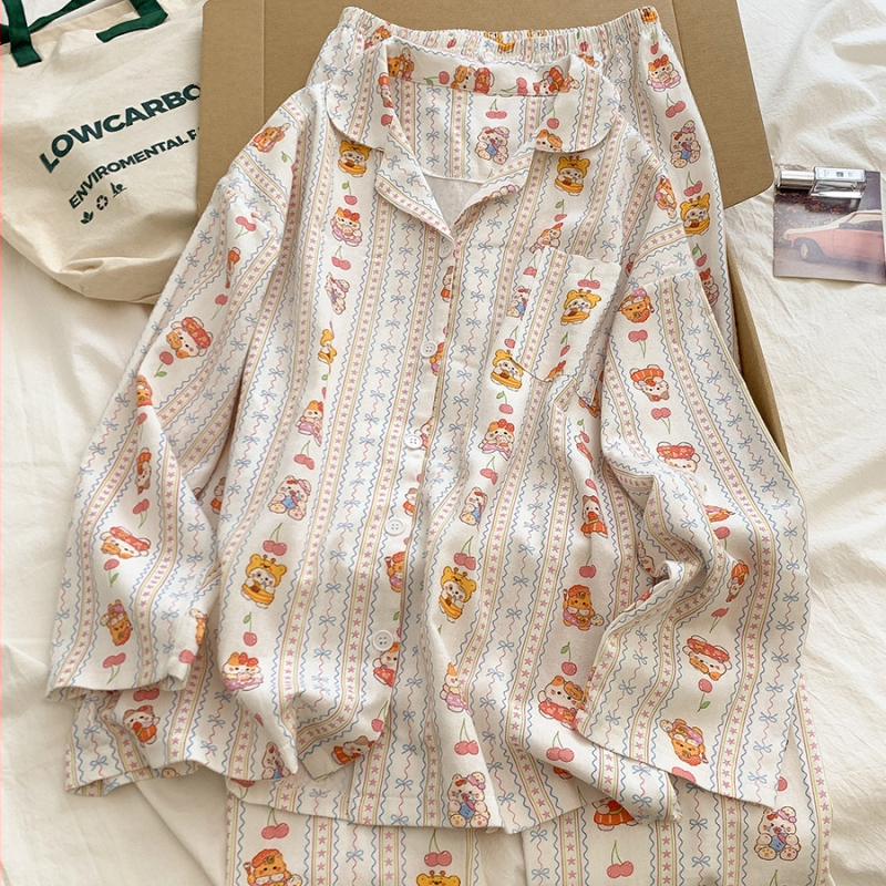 Ženski pidžama set, INS stil kardigan s otiskom mačke, 100% pamuk, ovratnik, dugi rukavi