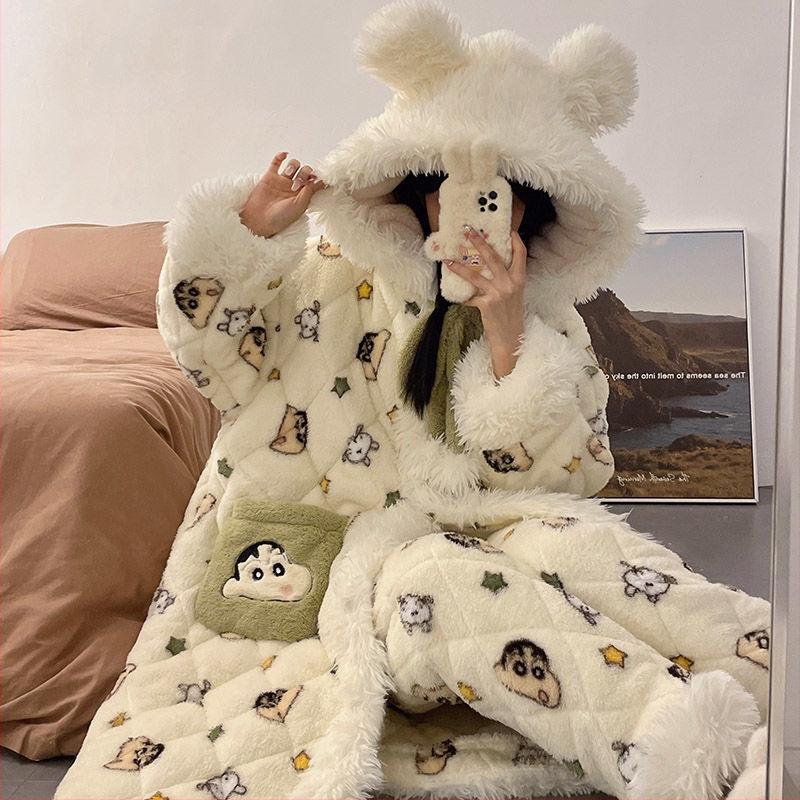 Pidžāmas halāts ar karikatūras stilu, kabatām un pogām – ārkārtīgi bieza 501–600 g/m2, saglabā siltumu, pavasaris 2025