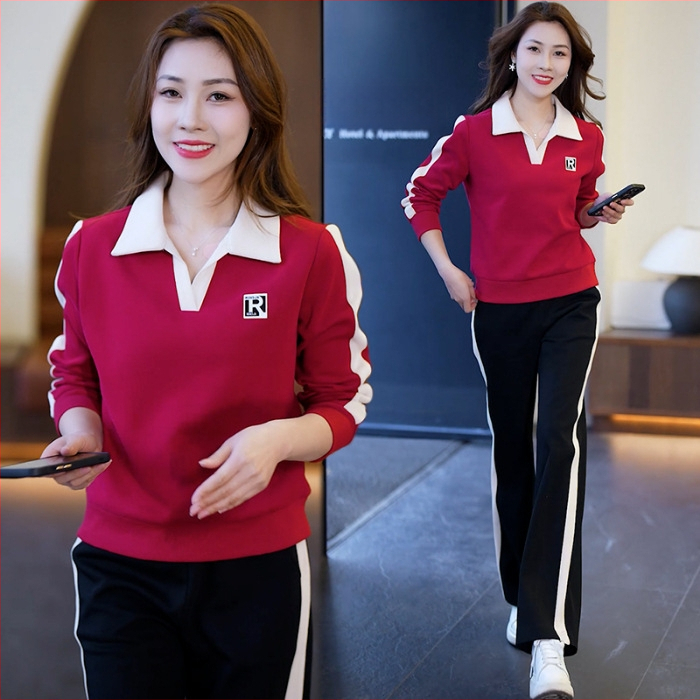 Дамски двубоен спортно-елегантен комплект с яка и панталони, геометричен принт, плат спандекс+полиестер, полиестер 90–95%, пролет 2024