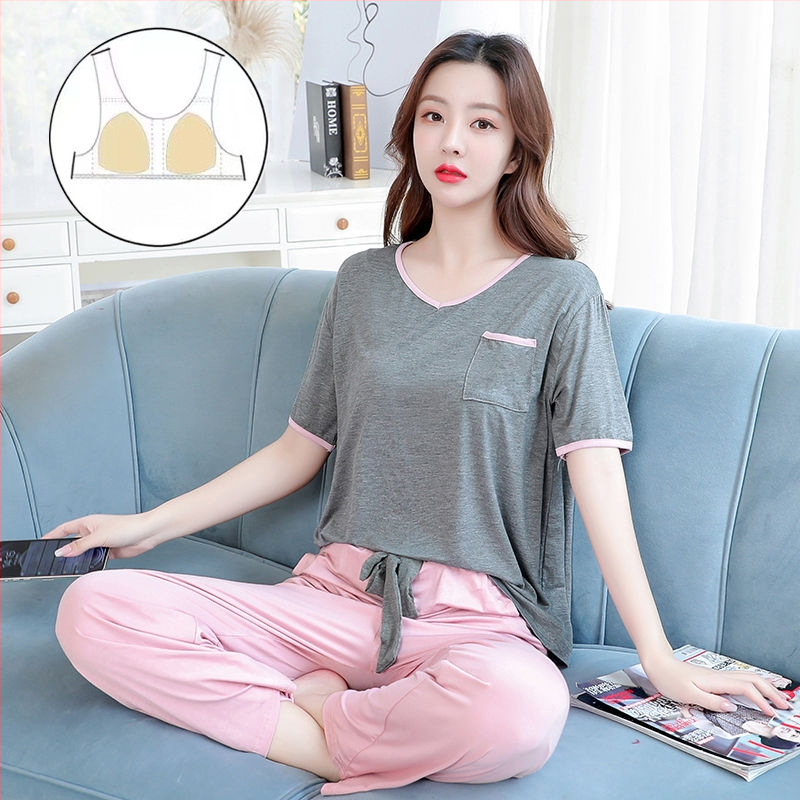 Modal naktsveļas komplekts vasarai, ar īsām piedurknēm topu un garām biksēm, V-veida kakla izgriezums, elpojošs