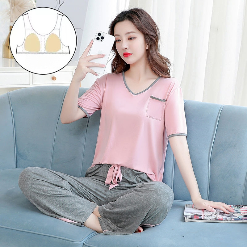 Modal naktsveļas komplekts vasarai, ar īsām piedurknēm topu un garām biksēm, V-veida kakla izgriezums, elpojošs