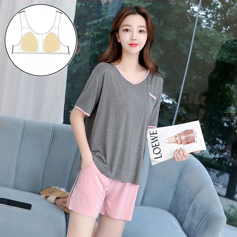 Modal naktsveļas komplekts vasarai, ar īsām piedurknēm topu un garām biksēm, V-veida kakla izgriezums, elpojošs