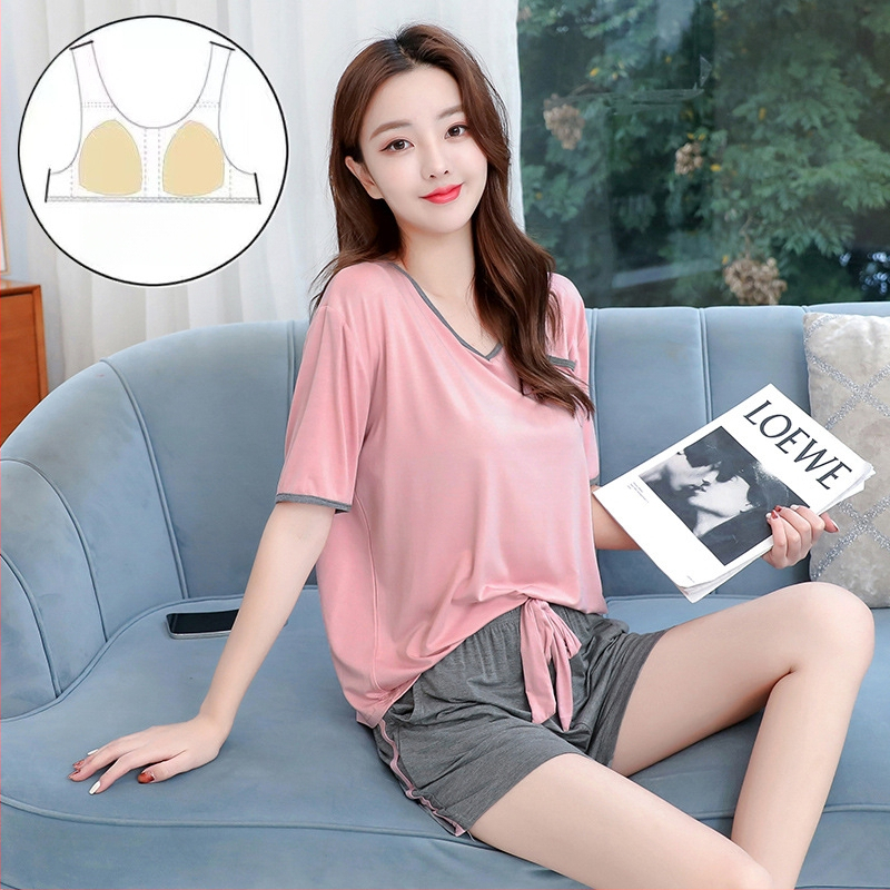 Modal naktsveļas komplekts vasarai, ar īsām piedurknēm topu un garām biksēm, V-veida kakla izgriezums, elpojošs