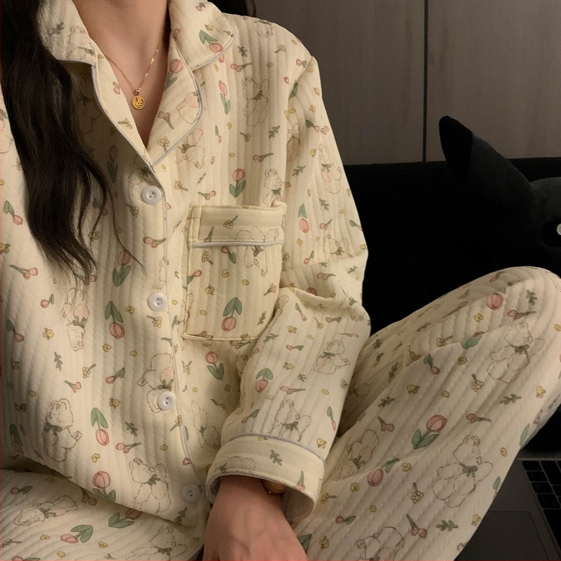Divdaļīgs pidžamas komplekts ziemai Korejiešu stilā, Air Cotton audums, biezs, garas piedurknes un bikses, ērtas mājas apģērbs