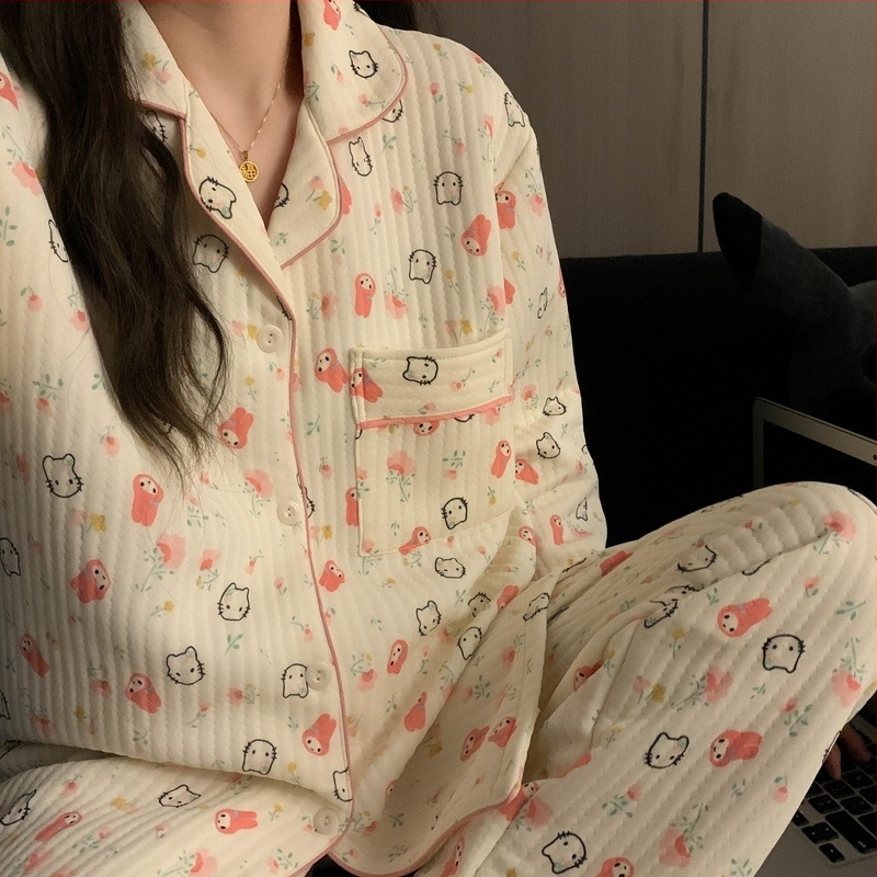 Divdaļīgs pidžamas komplekts ziemai Korejiešu stilā, Air Cotton audums, biezs, garas piedurknes un bikses, ērtas mājas apģērbs