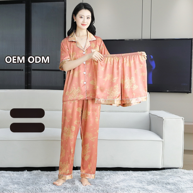 Sieviešu vasaras pidžāamu komplekts no ledus zīda, trīsdaļīgs komplekts ar kardigānu ar apkakli, plāns audums 101–120 g/m²