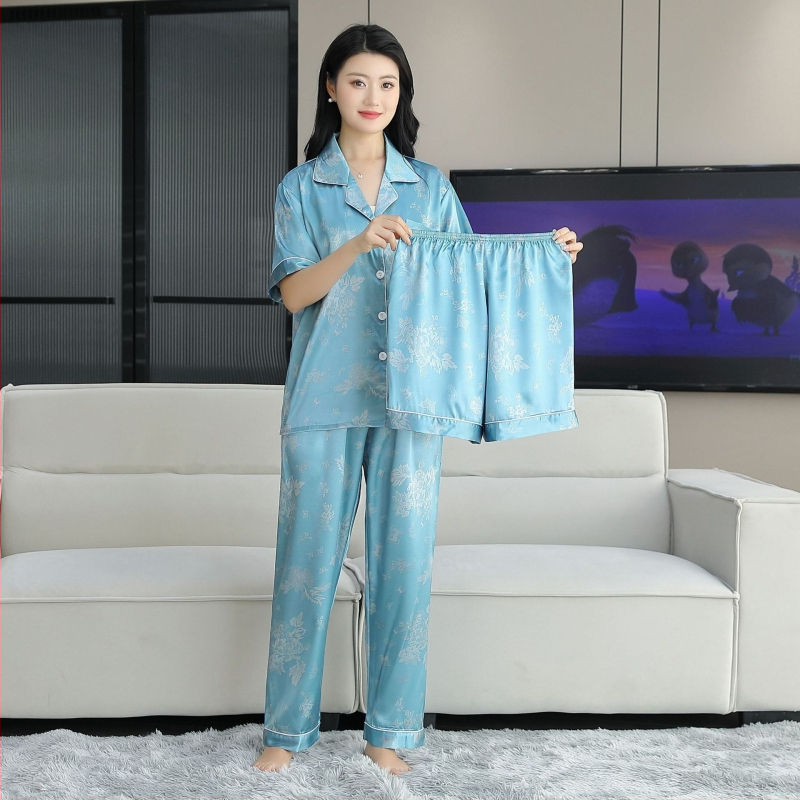 Sieviešu vasaras pidžāamu komplekts no ledus zīda, trīsdaļīgs komplekts ar kardigānu ar apkakli, plāns audums 101–120 g/m²