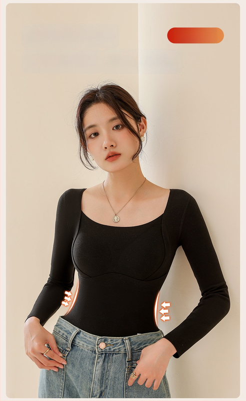 Moteriškas vilnos-silkės šiluminis viršus su V kaklu, įsiūtos krūties kaušės, tankus mezginys 251–300 g/m², pagrindinis audinys 80–90%, ilgos rankovės, kūno formavimas