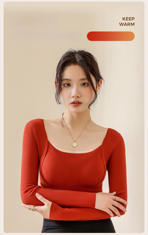 Moteriškas vilnos-silkės šiluminis viršus su V kaklu, įsiūtos krūties kaušės, tankus mezginys 251–300 g/m², pagrindinis audinys 80–90%, ilgos rankovės, kūno formavimas