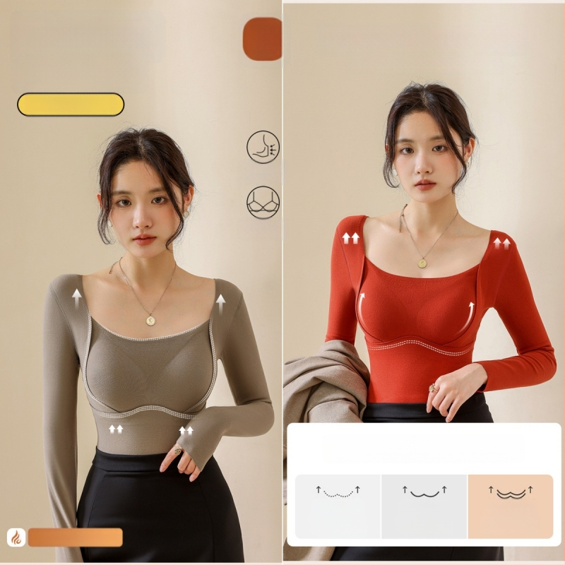 Moteriškas vilnos-silkės šiluminis viršus su V kaklu, įsiūtos krūties kaušės, tankus mezginys 251–300 g/m², pagrindinis audinys 80–90%, ilgos rankovės, kūno formavimas