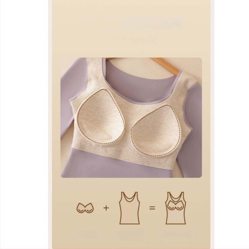 Moteriškas vilnos-silkės šiluminis viršus su V kaklu, įsiūtos krūties kaušės, tankus mezginys 251–300 g/m², pagrindinis audinys 80–90%, ilgos rankovės, kūno formavimas