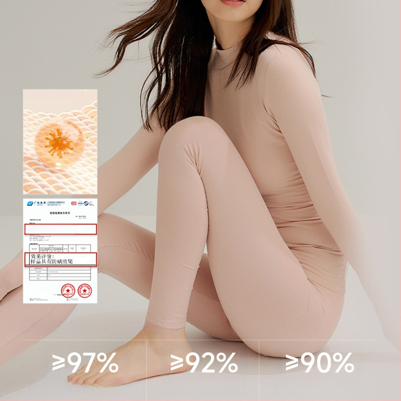 Moterų medvilnės pamatas komplektas: topas su pusiau aukštu kaklu ir ilgomis rankovėmis bei ilgos kelnės, 90–95% medvilnė, 181–200 g/m², šilta, anti-statistinė, anti-piling, vieno sluoksnio