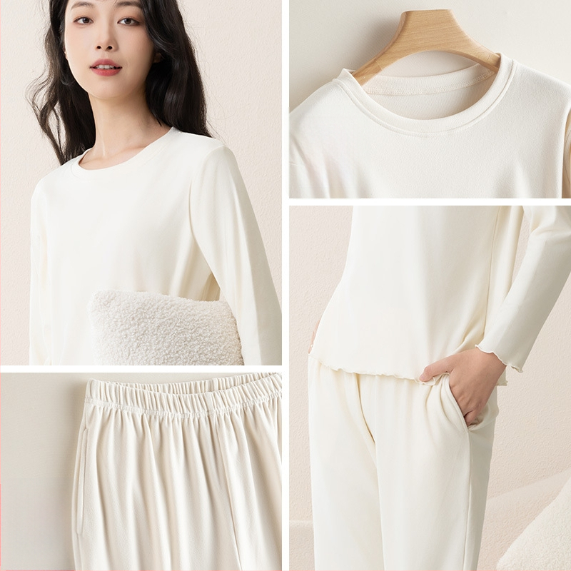 Sieviešu pidžāmas komplekts rudens–ziemas sezonai ar fleece oderi, bieza auduma, apaļš kakls, garas piedurknes; var valkāt ārpus mājas.