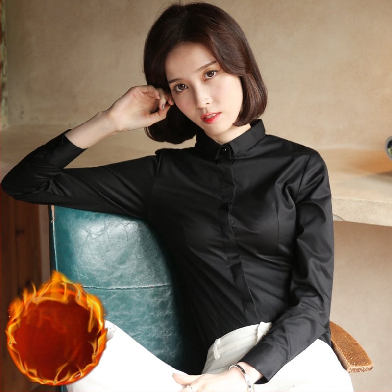 Fleece-alapú béléssel ellátott hosszú ujjú ing, pamut-poliészter keverék, szűk fazon, V-nyakú gallér, professzionális munkaruházat