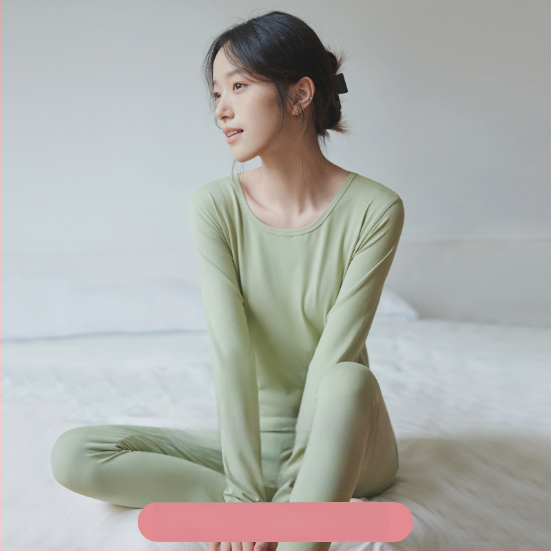 Moterų medvilninis šiluminis bazinis komplektas: apvalaus kaklo ilgas rankoves viršus ir kelnės, šilta, vienos spalvos, vidutinio storio