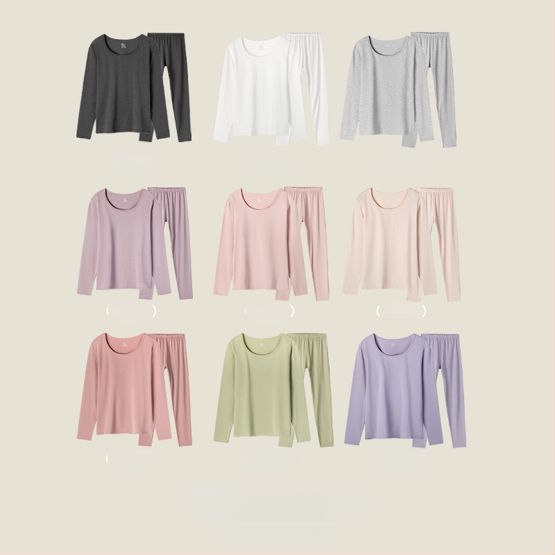 Moterų medvilninis šiluminis bazinis komplektas: apvalaus kaklo ilgas rankoves viršus ir kelnės, šilta, vienos spalvos, vidutinio storio