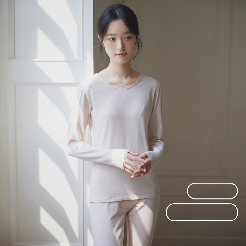 Moterų medvilninis šiluminis bazinis komplektas: apvalaus kaklo ilgas rankoves viršus ir kelnės, šilta, vienos spalvos, vidutinio storio