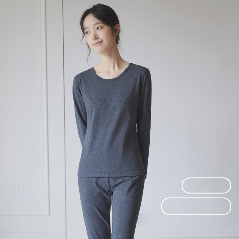 Moterų medvilninis šiluminis bazinis komplektas: apvalaus kaklo ilgas rankoves viršus ir kelnės, šilta, vienos spalvos, vidutinio storio