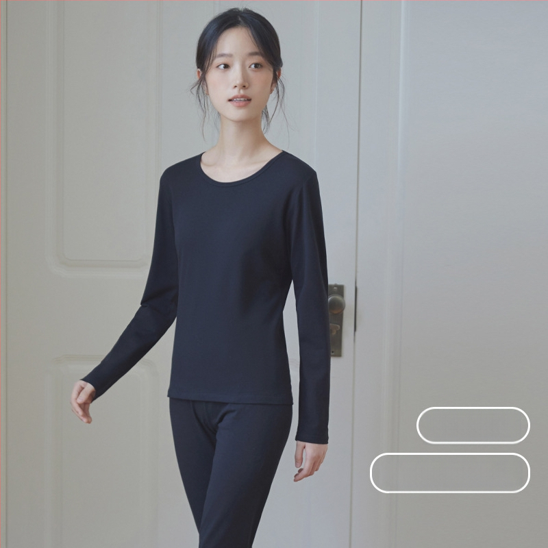 Moterų medvilninis šiluminis bazinis komplektas: apvalaus kaklo ilgas rankoves viršus ir kelnės, šilta, vienos spalvos, vidutinio storio