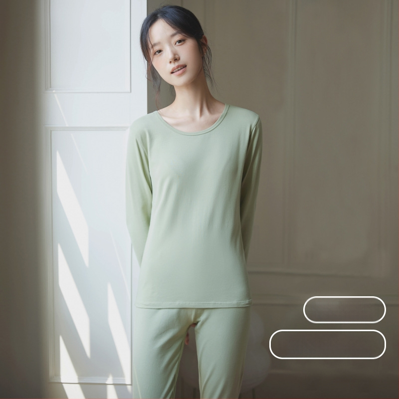 Moterų medvilninis šiluminis bazinis komplektas: apvalaus kaklo ilgas rankoves viršus ir kelnės, šilta, vienos spalvos, vidutinio storio