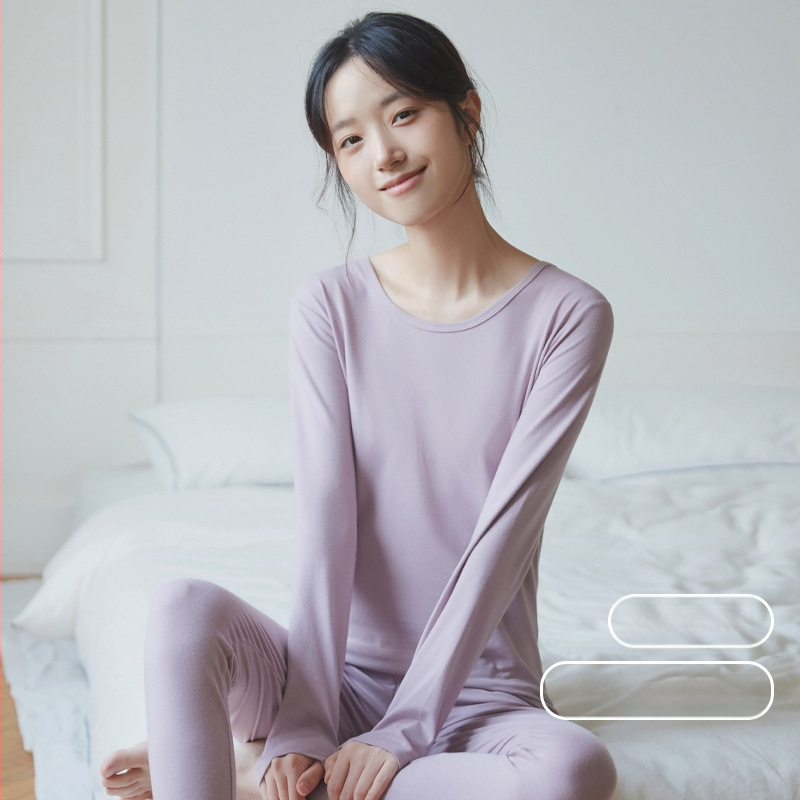 Moterų medvilninis šiluminis bazinis komplektas: apvalaus kaklo ilgas rankoves viršus ir kelnės, šilta, vienos spalvos, vidutinio storio