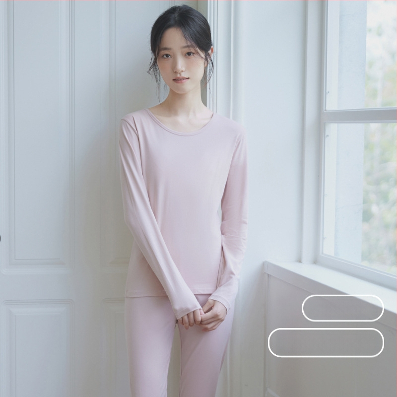 Moterų medvilninis šiluminis bazinis komplektas: apvalaus kaklo ilgas rankoves viršus ir kelnės, šilta, vienos spalvos, vidutinio storio