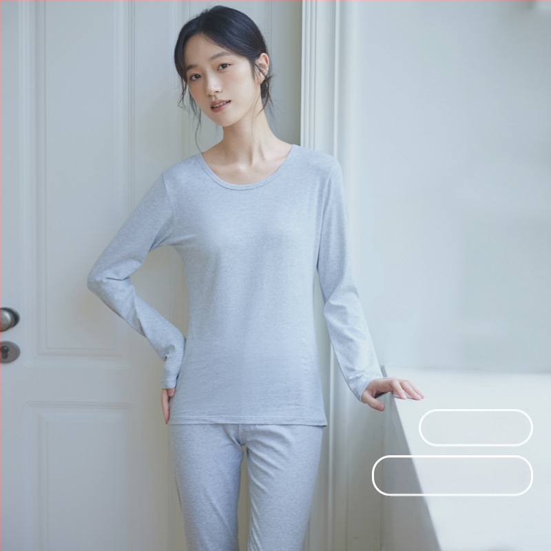 Moterų medvilninis šiluminis bazinis komplektas: apvalaus kaklo ilgas rankoves viršus ir kelnės, šilta, vienos spalvos, vidutinio storio