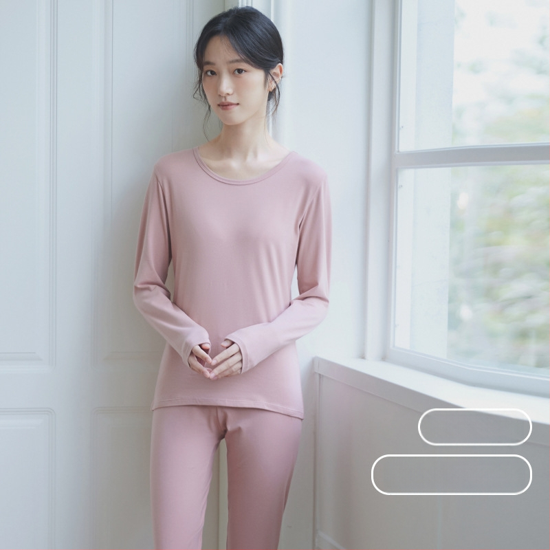 Moterų medvilninis šiluminis bazinis komplektas: apvalaus kaklo ilgas rankoves viršus ir kelnės, šilta, vienos spalvos, vidutinio storio