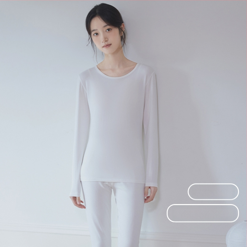 Moterų medvilninis šiluminis bazinis komplektas: apvalaus kaklo ilgas rankoves viršus ir kelnės, šilta, vienos spalvos, vidutinio storio