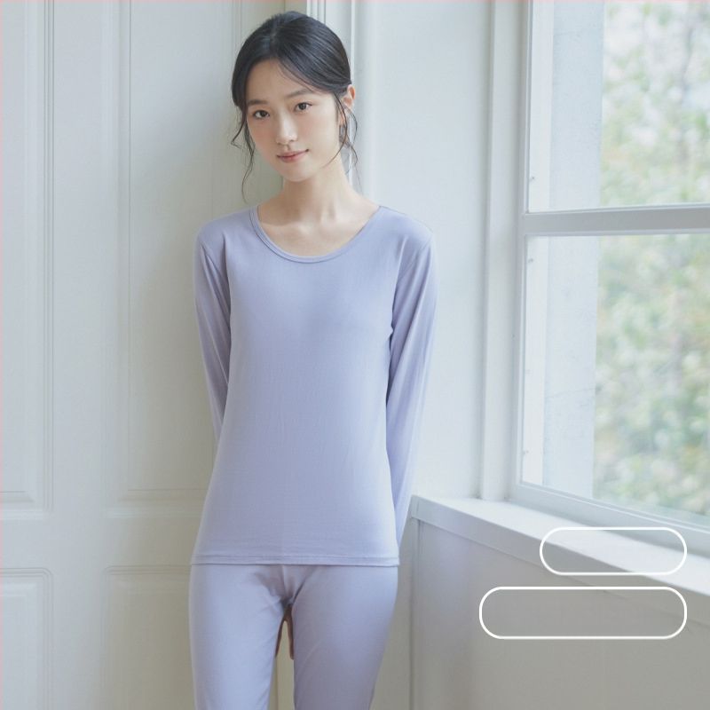 Moterų medvilninis šiluminis bazinis komplektas: apvalaus kaklo ilgas rankoves viršus ir kelnės, šilta, vienos spalvos, vidutinio storio