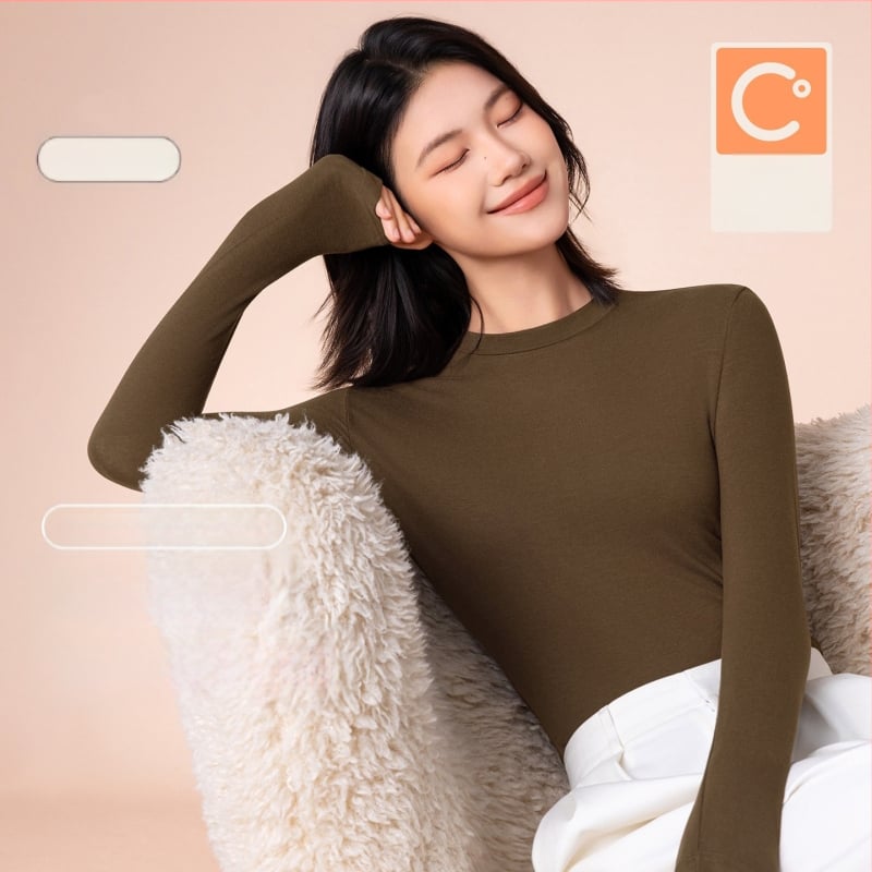 Moterų terminis pagrindinis viršus su vidutine/aukšta kakle, viskozės mišinio audinys, ilgos rankovės, vidutinis storis 181–200 g/m2