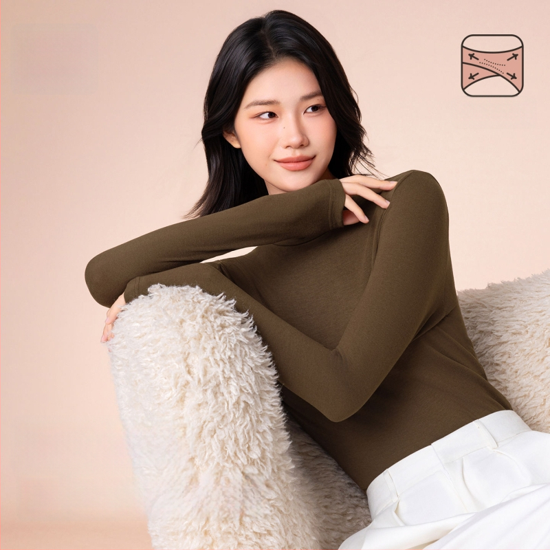 Moterų terminis pagrindinis viršus su vidutine/aukšta kakle, viskozės mišinio audinys, ilgos rankovės, vidutinis storis 181–200 g/m2