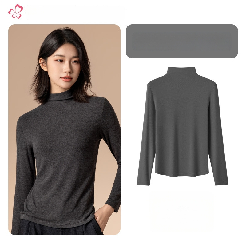 Moterų terminis pagrindinis viršus su vidutine/aukšta kakle, viskozės mišinio audinys, ilgos rankovės, vidutinis storis 181–200 g/m2