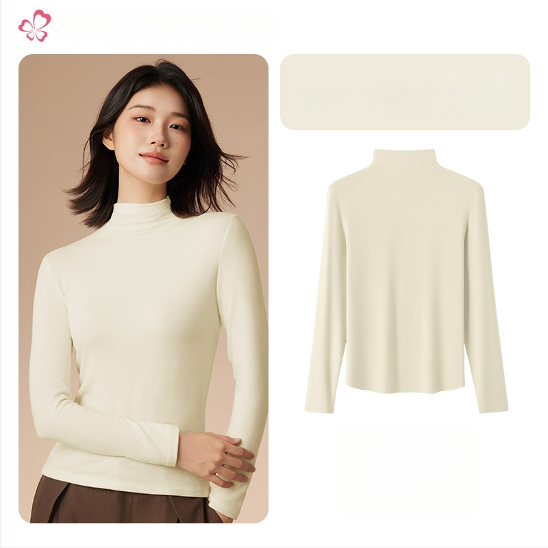 Moterų terminis pagrindinis viršus su vidutine/aukšta kakle, viskozės mišinio audinys, ilgos rankovės, vidutinis storis 181–200 g/m2